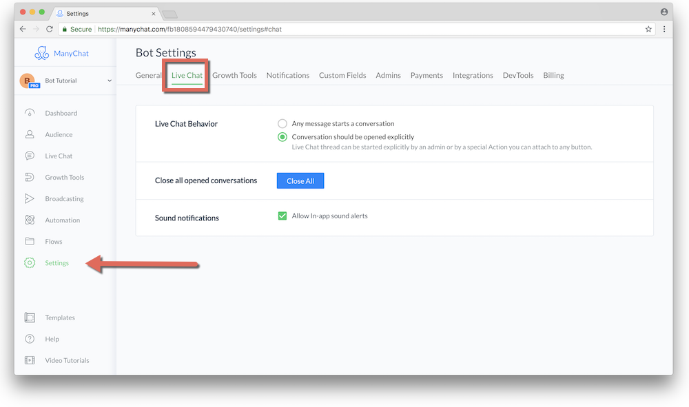 Live Chat Behavior Settings Inside ManyChat